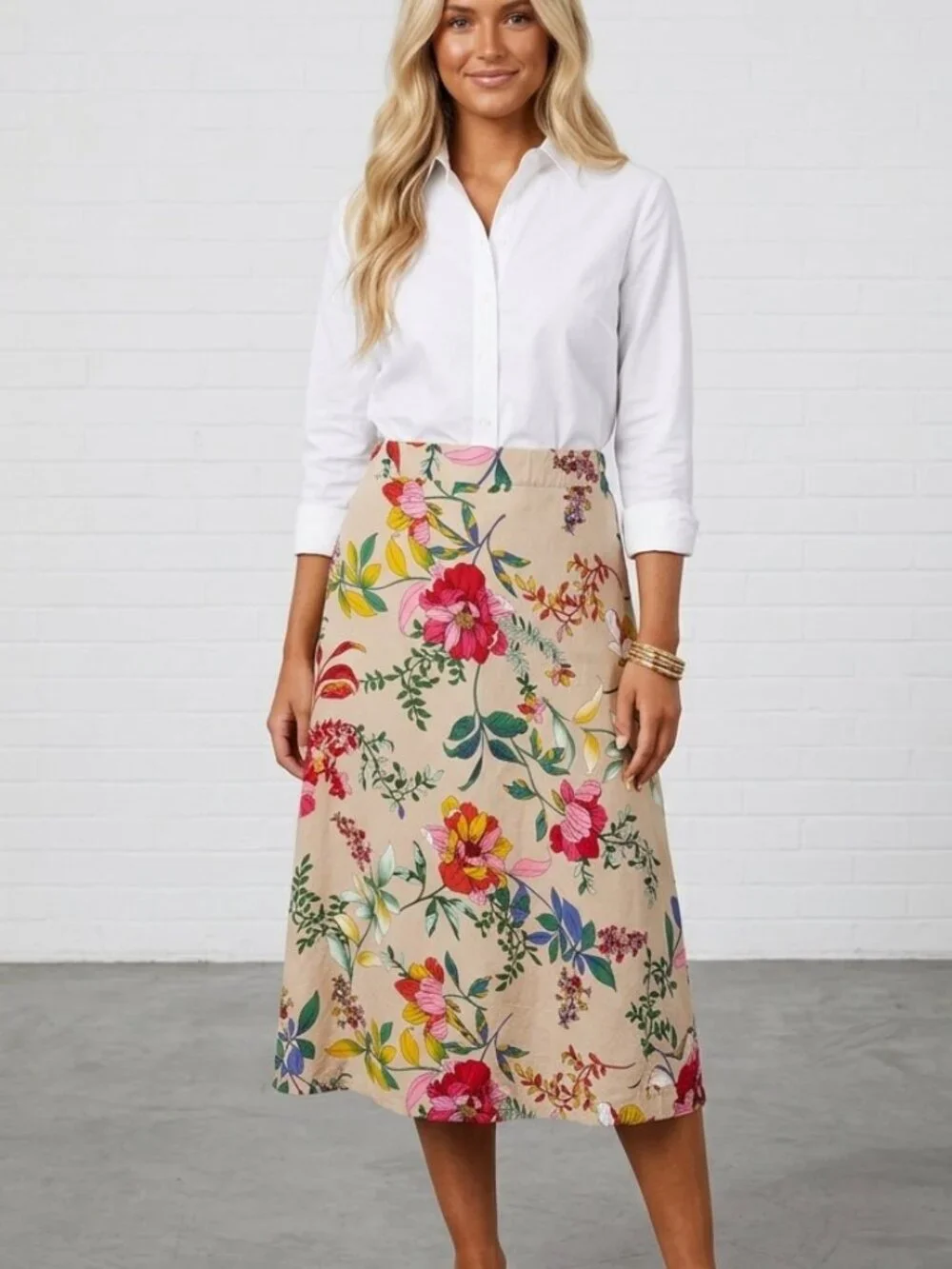 McLLINI Beige Floral A-Line Midi Skirt Size 8 54962